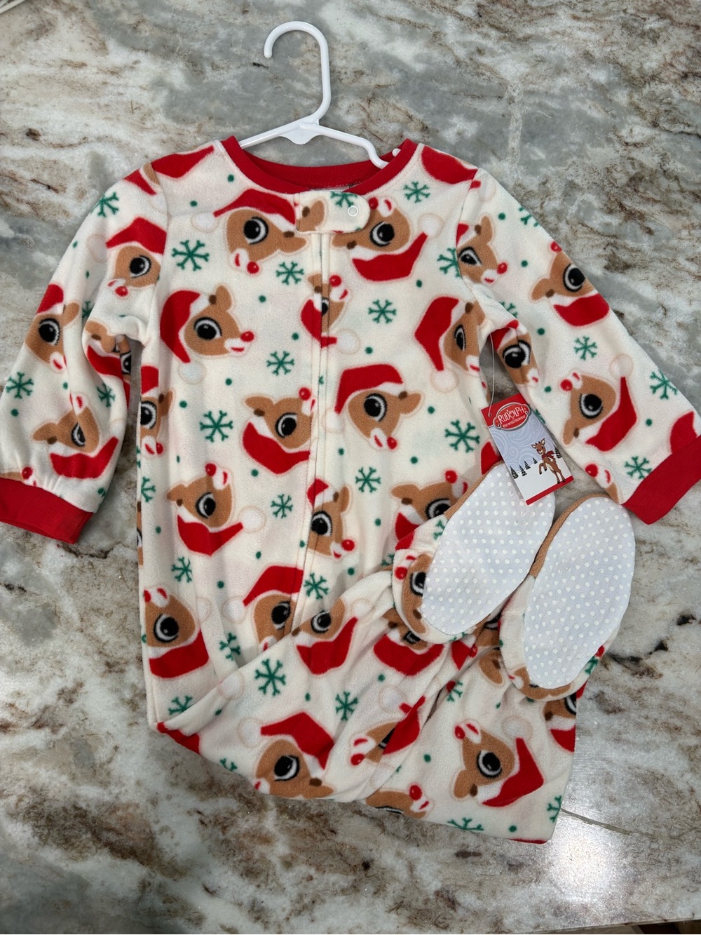 Kids Plush Footed One-Piece Pajamas - Red & Cream Reindeer Print